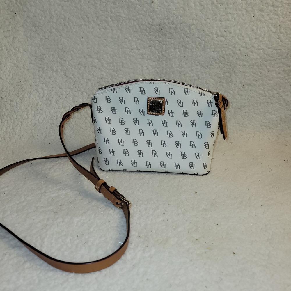 Dooney & Bourke‎ Monogram Crossbody Bag White Brown Leather Adjustable Strap